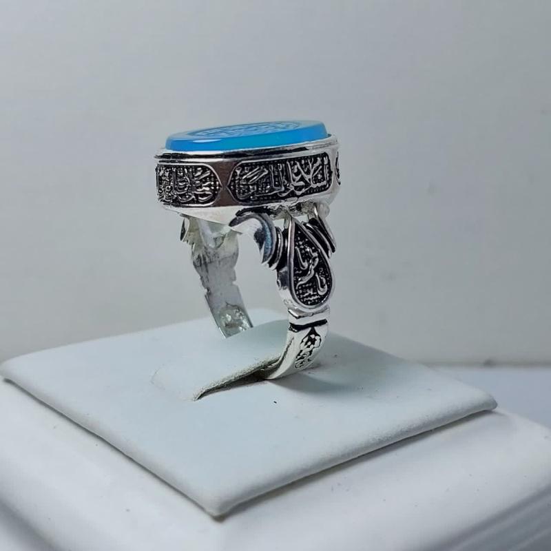 انگشتر نقره باسنگ عقیق ابی با حکاکی یا امام حسین با حکاکی زیبا رکاب چهار سلام کد 1278