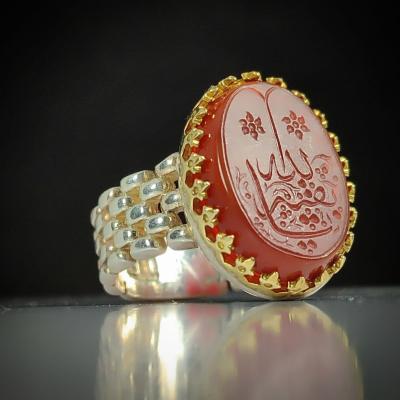 خرید انگشتر عقیق قرمز طرح رولکسی با حکاکی یابقیهالله؛ تلفیق شکوه و معنویت کد 2183