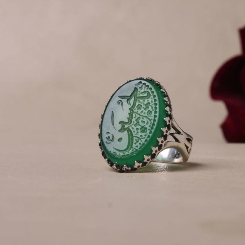 انگشتر نقره باسنگ عقیق سبز رکاب نیزه حکاکی یا حسین(ع) کد 2252