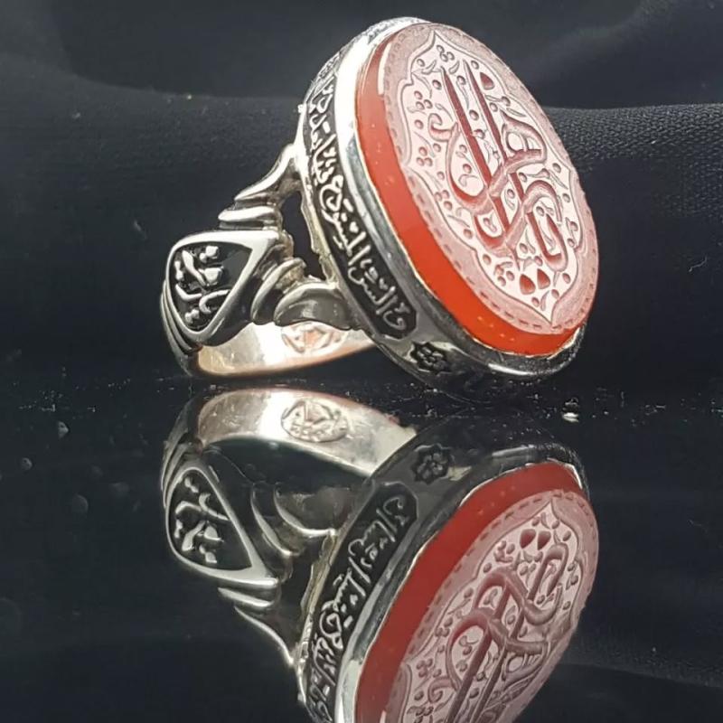 انگشتر نقره عیار 925 سنگ عقیق قرمز درجه یک حکاکی یا زهرا (س)– کد 1054