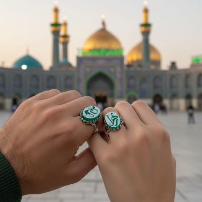 ست انگشتر زوج نقره‌ای "پیمان آسمانی" – عقیق سبز با حکاکی بی‌نظیر "علی و زهرا" کد 4218